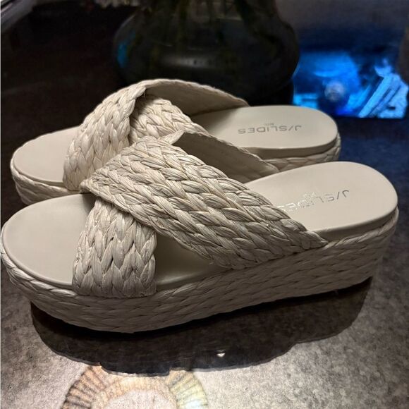 J/Slides QUIVER Bone Raffia Platform Sandals New - Picture 4 of 6